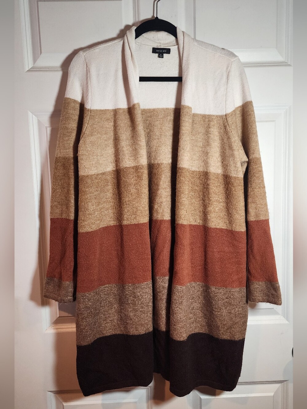Verve Ami Striped Open-Front Cardigan in Cream, Tan & Rust XL